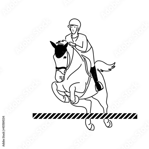 Young athlete jumps on a horse over an obstacle, black and white vector illustration