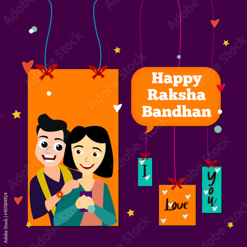 Label design of Raksha Bandhan. Brother and sister happily celebrate Raksha Bandhan. The label is decorated with colorful background