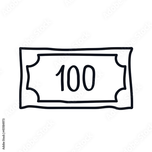 Banknote money logo icon sign Hand drawn ink sketch Currency 100 symbol Doodle cartoon design Black friday style Fashion print clothes greeting invitation card cover flyer poster banner ad
