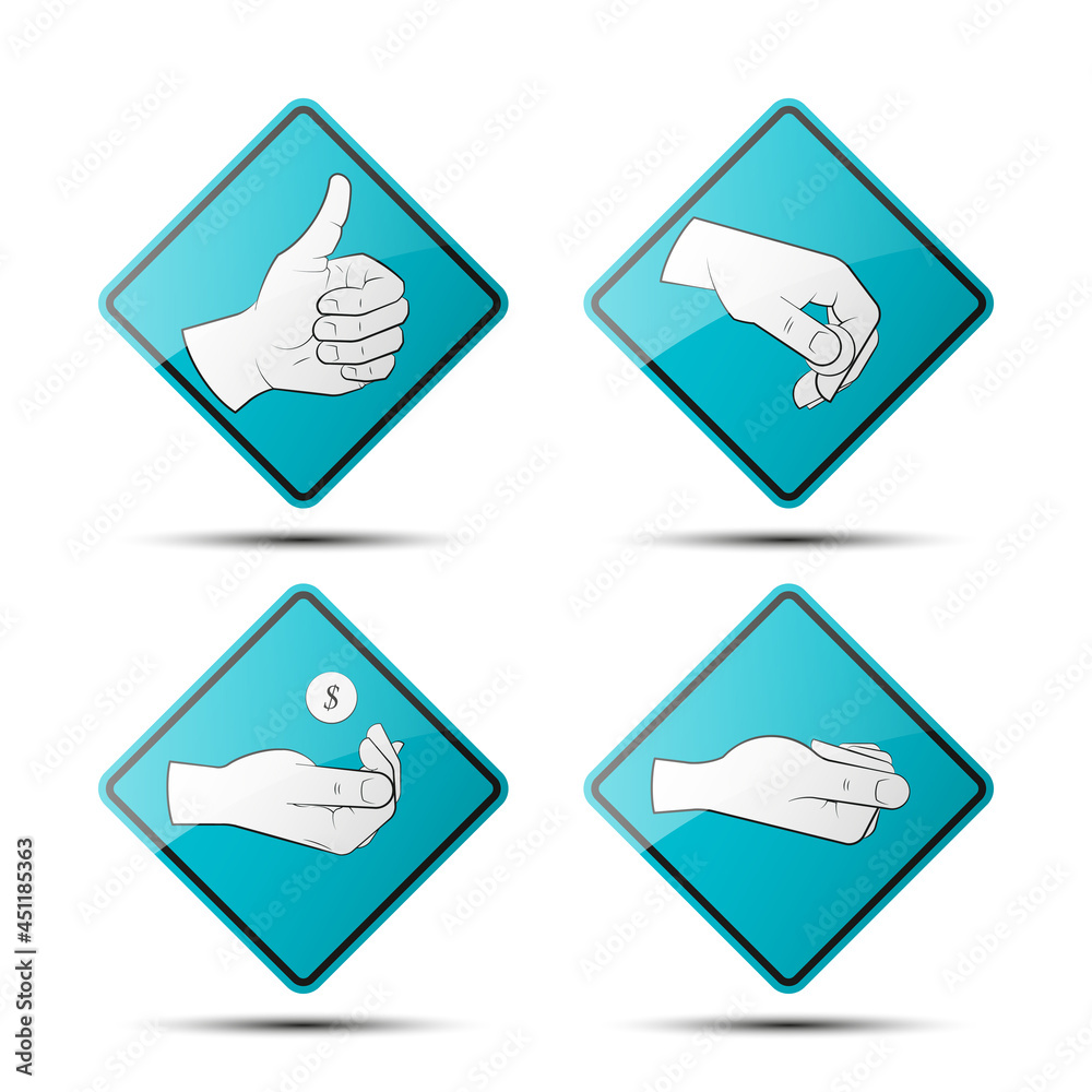 Collection human hand various gestures sketch on background road sign, thumbs up knuckles outline, open palm icon Collection human hand various gestures sketch on background road sign, thumbs up knuckles outline, open palm icon