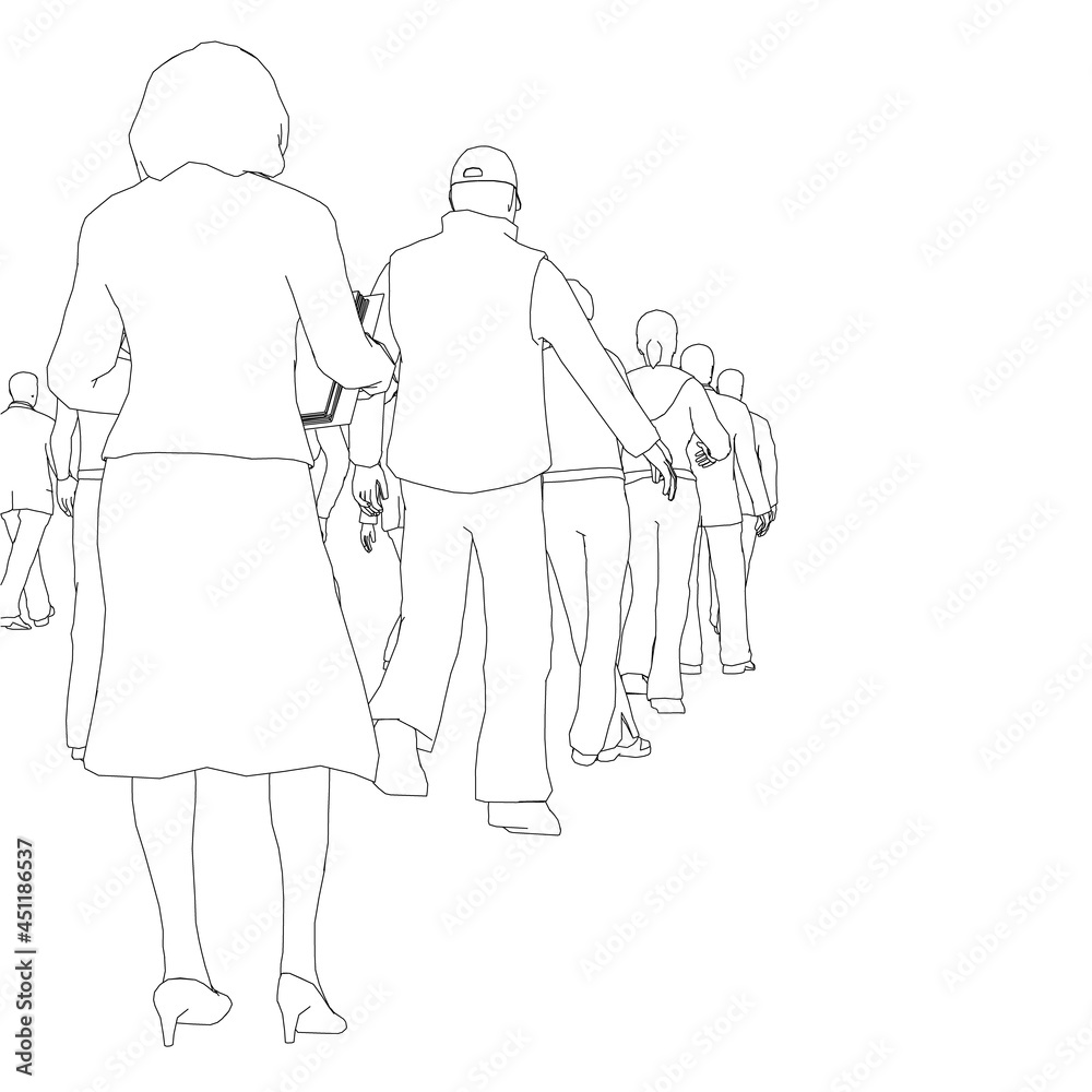 Contour of a crowd of people standing in a row of black lines isolated on a white background. Queue of people. Vector illustration Contour of a crowd of people standing in a row of black lines isolated on a white background. Queue of people. Vector illustration