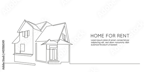 One continuous line drawing of family two story house at village. Modern concept of Home architecture in minimalistic linear style for web banner. Doodle Vector illustration