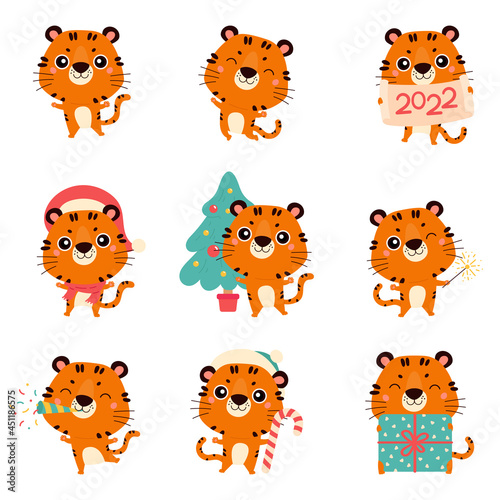 Fototapeta Naklejka Na Ścianę i Meble -  Set of cute cartoon tigers. New year tigers with various festive attributes. Chinese new year 2022 symbol. Character design concept. Cartoon vector illustration.