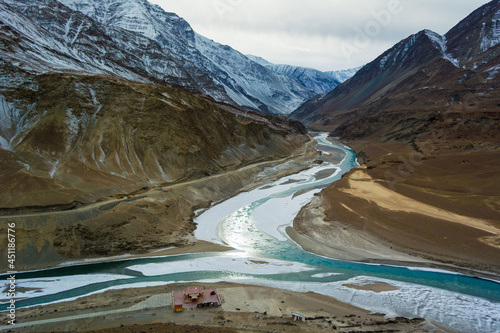 Confluence of the Indus and Zanskar Rivers which are almost frozen due to extreme cold during winter and famous for chadar trek at leh,Ladakh,India