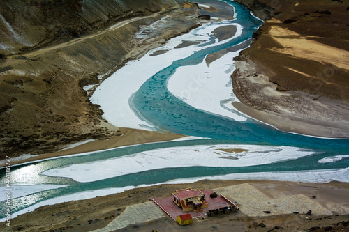 Confluence of the Indus and Zanskar Rivers which are almost frozen due to extreme cold during winter and famous for chadar trek at leh,Ladakh,India