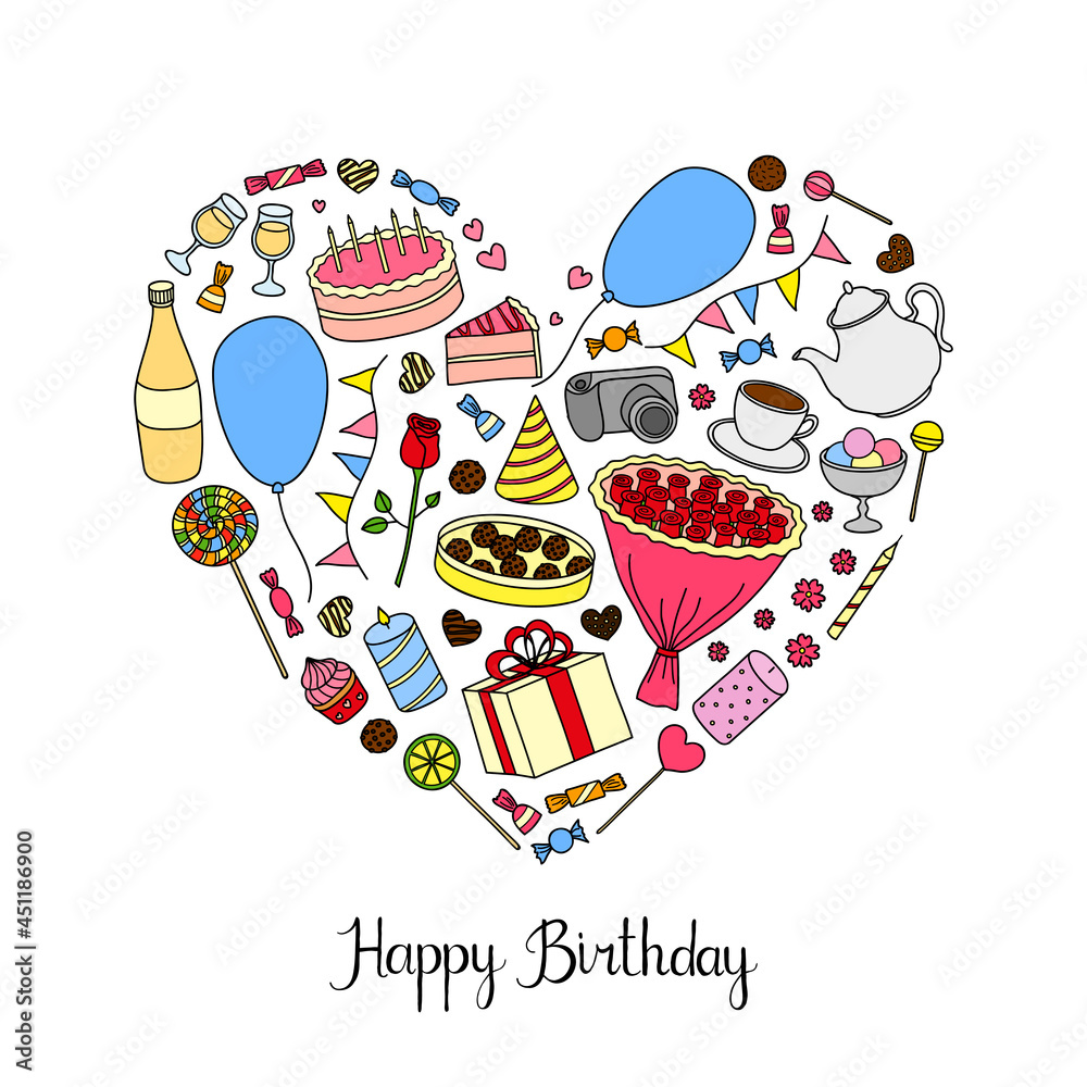 Hand drawn festive items in heart shape. Hand drawn festive items in heart shape.