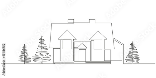 One continuous line drawing of family two story house with garden trees at village. Modern concept of Home architecture in minimalistic linear style. Doodle Vector illustration