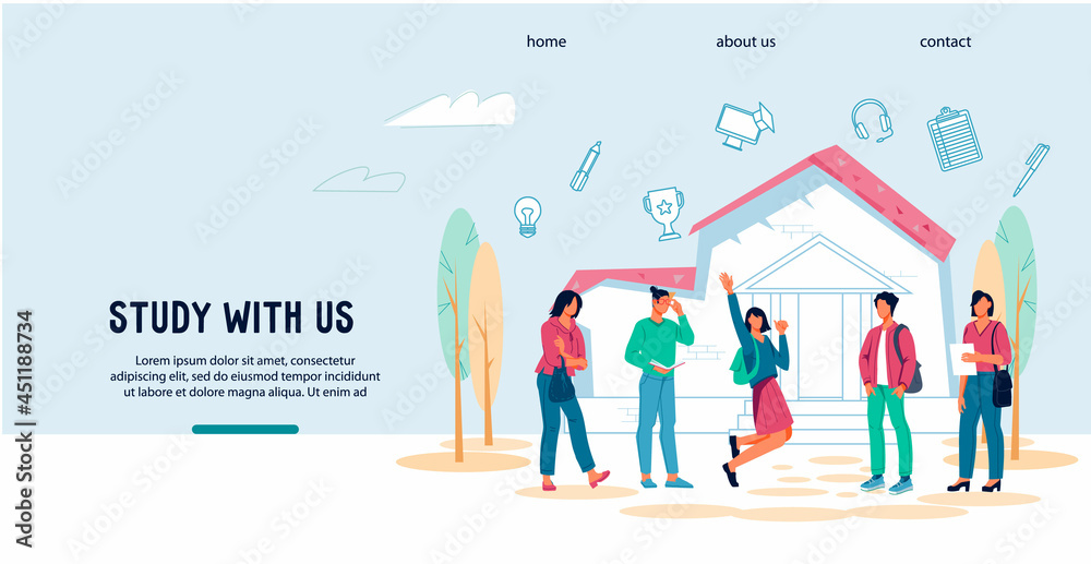 Study with us concept of website for college, university or online educational courses with students, flat vector. University or other educational institution, internet courses webpage template.