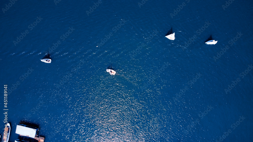 Drone view of river and boats at summertime. Drone view of river and boats at summertime.