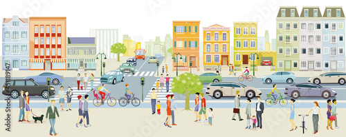 Stadtsilhouette mit Menschen auf dem Bürgersteig und Straßenverkehr Illustration