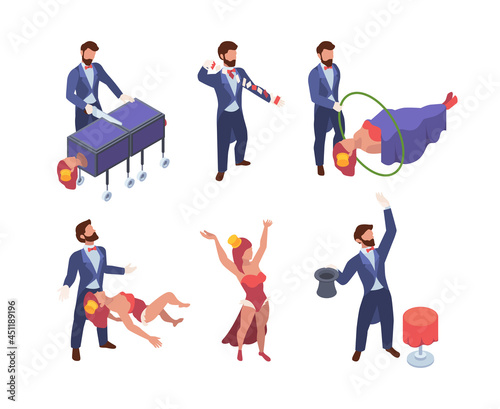 Magician isometric. Circus show scenes with fairytale characters attractions for kids happy performers magicians gaudi garish vector illustrations set