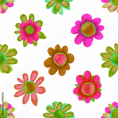 Beautiful flowers on a white background. Cartoon flowers seamless pattern.