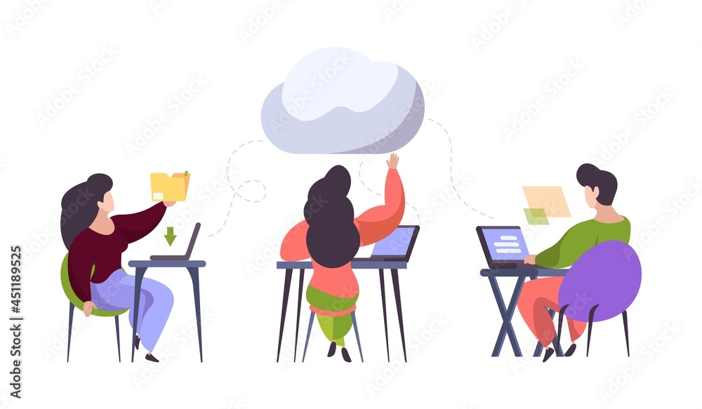 Remote teamwork concept. Cloud storage technologies, work together in internet. People working on laptop, coworking vector illustration Remote teamwork concept. Cloud storage technologies, work together in internet. People working on laptop, coworking vector illustration
