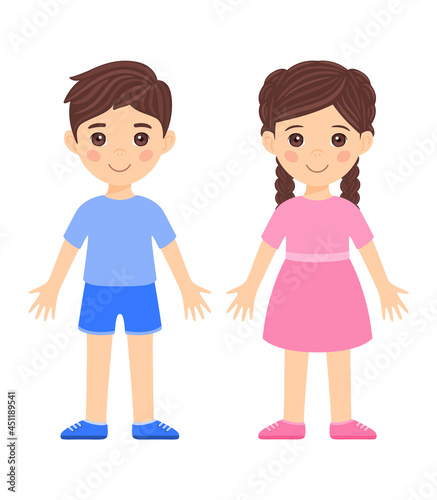 Cut Little Brunette Boy in Shorts, Shirt, Shoes and Girl with Pigtails, and in Dress. Couple of Children. Two Kids are Smiling. Flat Cartoon style. White background. Vector stock illustration.