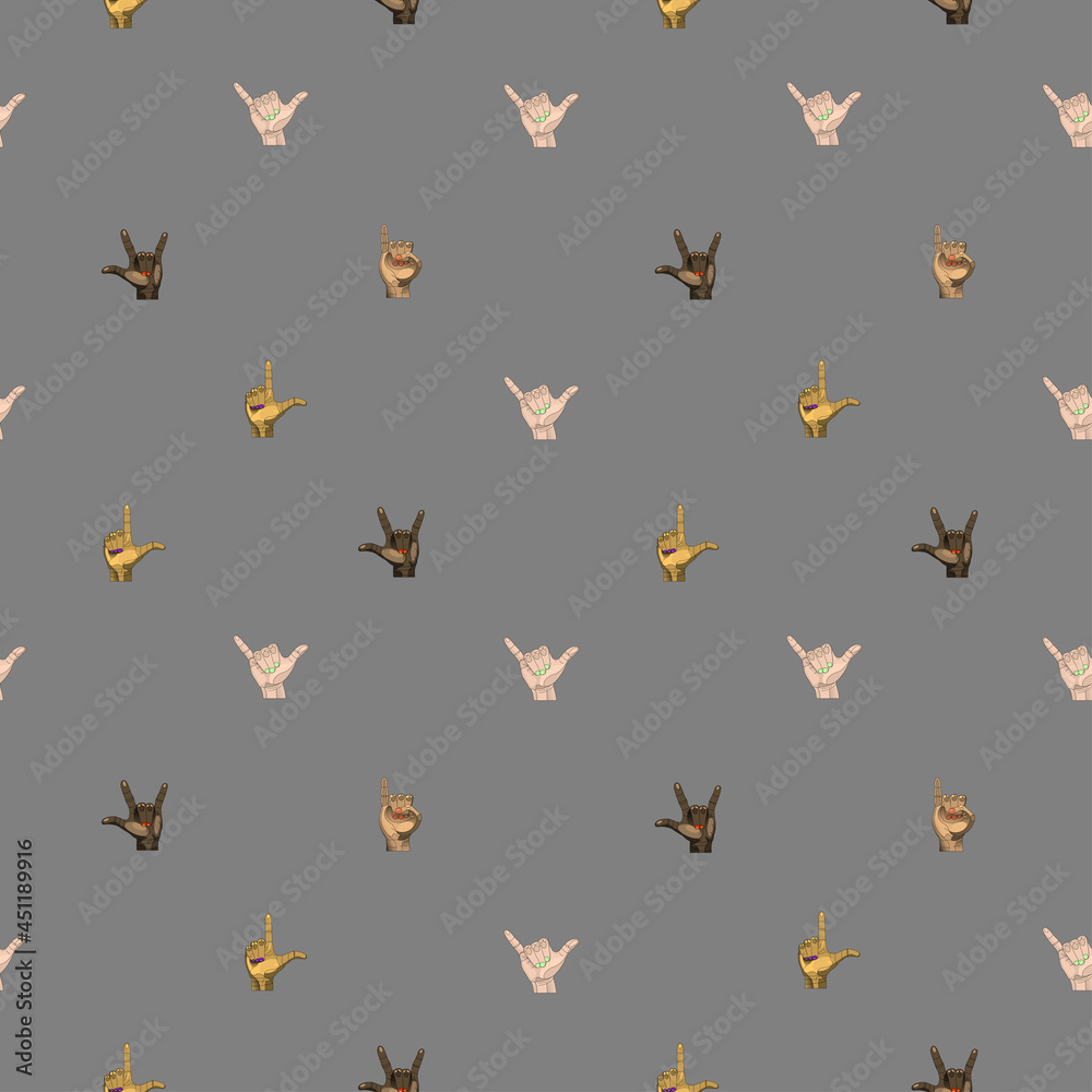 A small-patterned symmetrical modern seamless pattern from the American sign language I love you on a gray background. A small-patterned symmetrical modern seamless pattern from the American sign language I love you on a gray background.