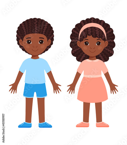 Pretty Couple. Black Boy and Girl. Children with Afro Curly Hairstyles. Preschool kids with Brown Skin, in Clothes. A Doll in a Dress, Shorts, Shoes and a Shirt. Flat Sartoon Solor style. Vector image