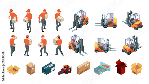 Warehouse isometric. Shipping transporting and forklift loader services warehouse garish vector illustrations set