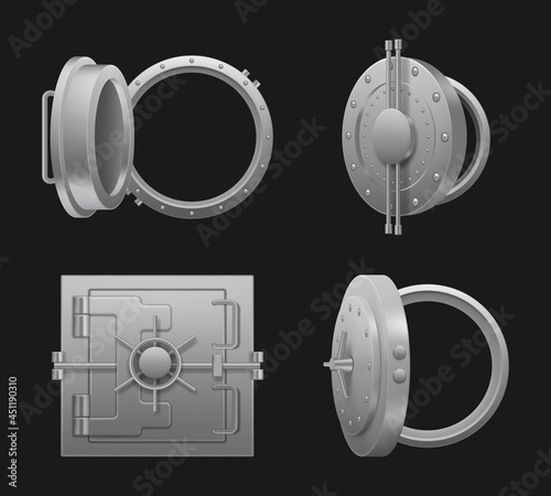 Safe round doors. Safety bank opening and closed steel doors with valves treasures protection concept decent vector realistic collection