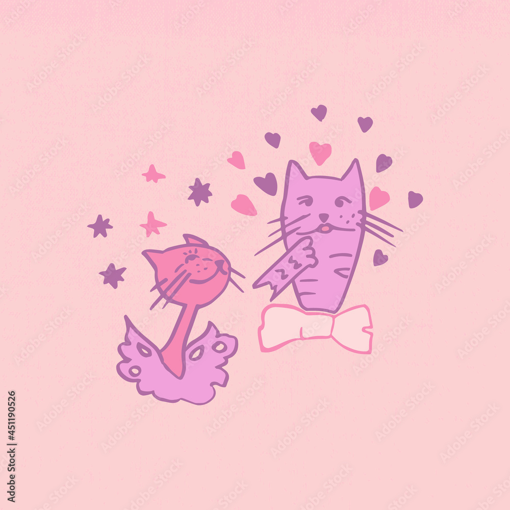 Vector illustration of cats in love for a romantic day. Pictures of cats in vector format for the design of a romantic celebration, postcards, posters, invitations, hot stand, souvenirs.
