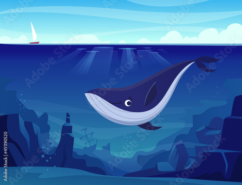 Underwater life. Whales and big fishes in ocean deep blue sea wild swimming animals exact vector cartoon background