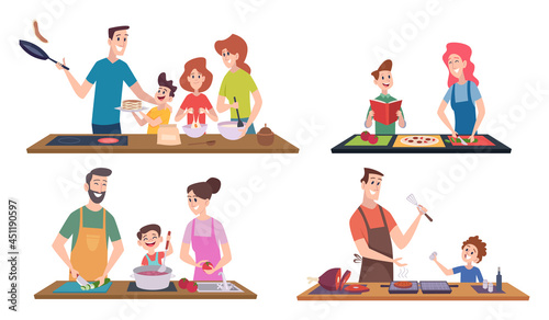 Family cooking. Happy couples and kids spend time at kitchen preparing food serving table washing utensils exact vector smilng characters