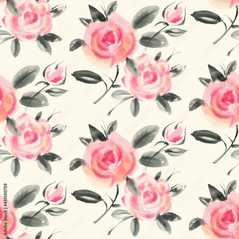 Seamless pattern with watercolor roses.