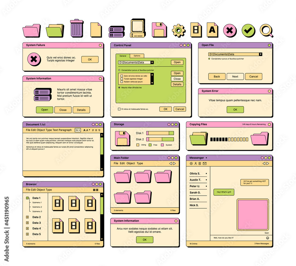 Web ui. 90s layout screen elements frame pages banners icons dividers and buttons garish vector ui templates