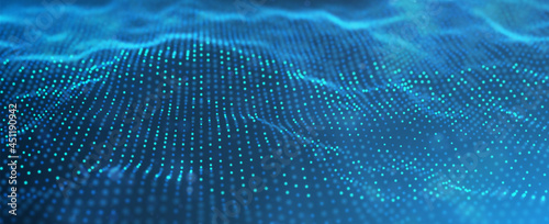 Abstract technology background. Digital blue particle wave. Sound structure visualization. Flow dot landscape.