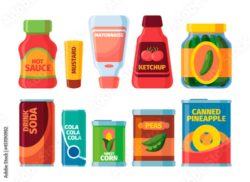 Canned foods. Grocery products stocked tomato soup jars meal for supermarket shelves garish vector cartoon collection of canned packages