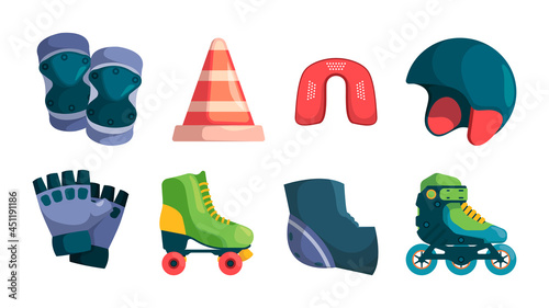 Roller items. Accessories for urban skate park retro rollers of 80s gloves helmet healthy activities tools garish vector cartoon illustrations