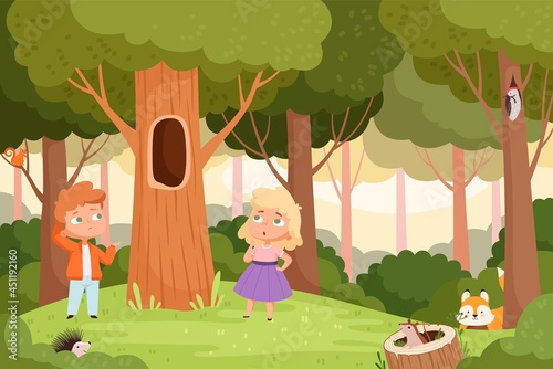 Fototapeta Naklejka Na Ścianę i Meble -  Who live in hollow. Kids puzzle game, quiz question location for baby. Find right animal, children in forest vector background