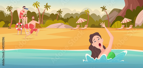 Kids on beach. Summer vacation background with lifeguard and people relaxing on seaside safety swimming and fun games exact vector cartoon picture
