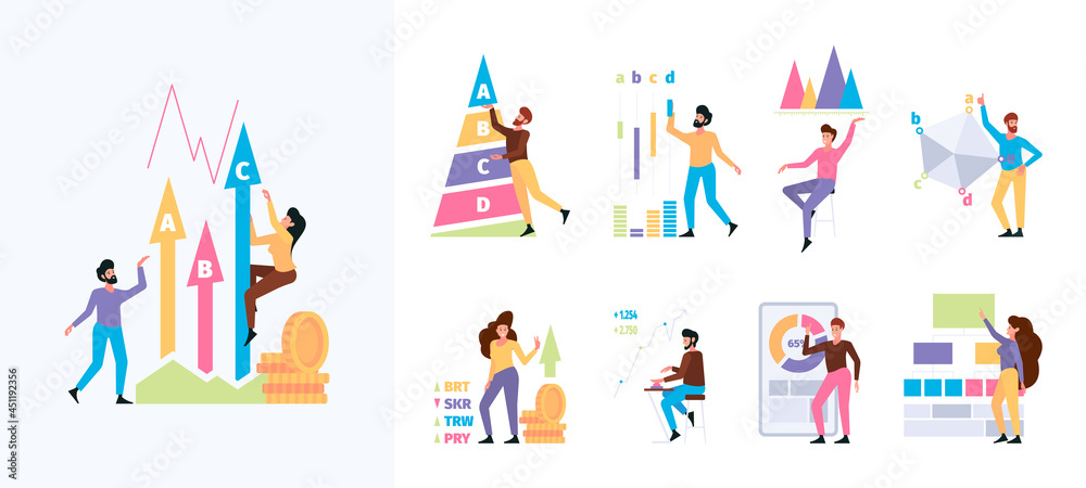 Business graph. Business people with benchmarks strategy marketing compare diagram evaluation procedures garish vector flat pictures