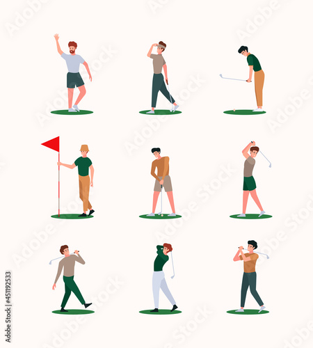 Golf players. Recreation healthy outdoor sport activities golfers characters male and female garish vector flat persons pictures in flat style
