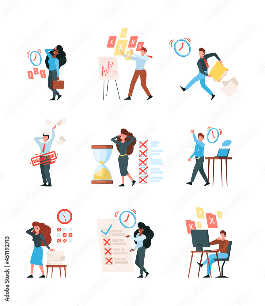 Deadline managers. Corporate persons stressed people planning daily routine professional businessman garish vector flat characters
