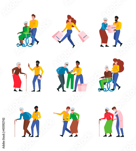 Social help. Characters persons male and female workers of support service helping to seniors elderly characters caring nurse garish vector cartoon collection