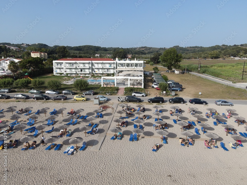 Aerial view of kanali beach crowded with tourists, famous tourist destination in preveza, epirus, greece