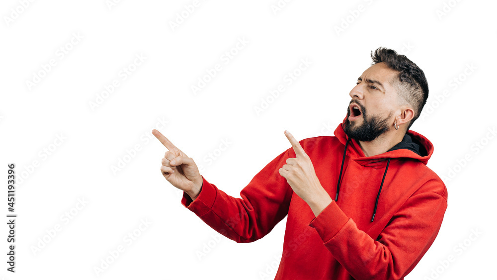 Fototapeta premium man in red sweatshirt shouting pointing to white background