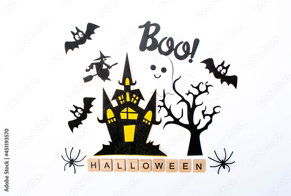Banner. Modern background with black bats, pumpkins, leaves, cobwebs, spiders, witches and a scary castle on an white background. Halloween with copy space for text. Flat lay, top.