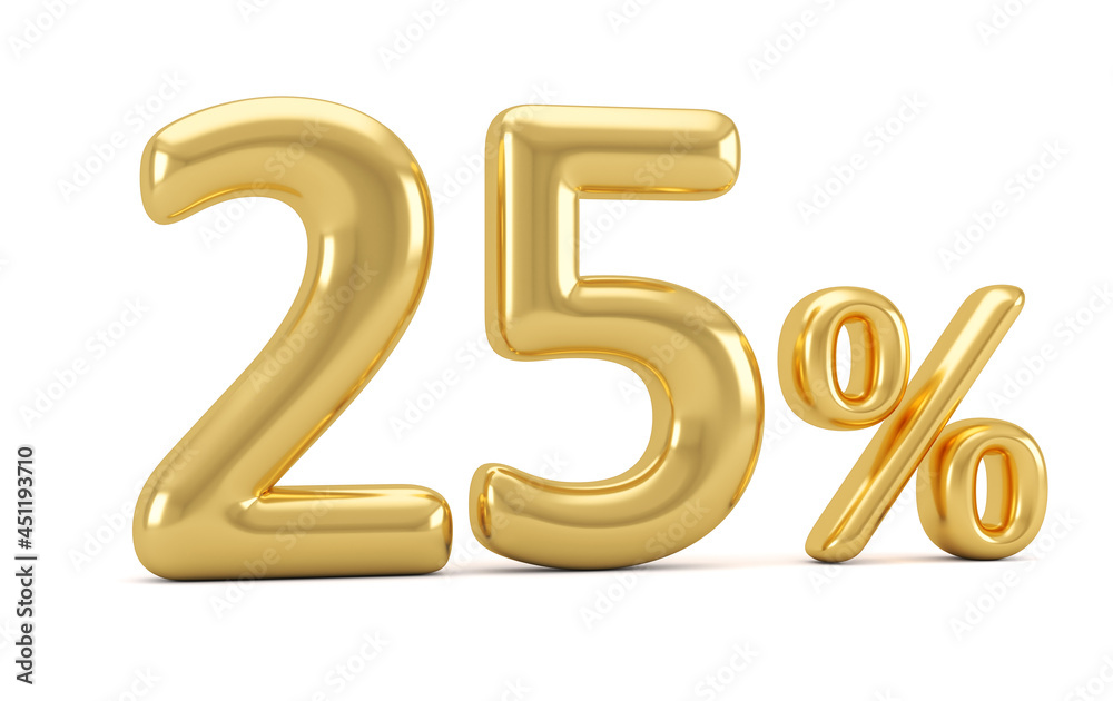Gold percent isolated on white background. 25% off on sale. 3d rendering. Gold percent isolated on white background. 25% off on sale. 3d rendering.