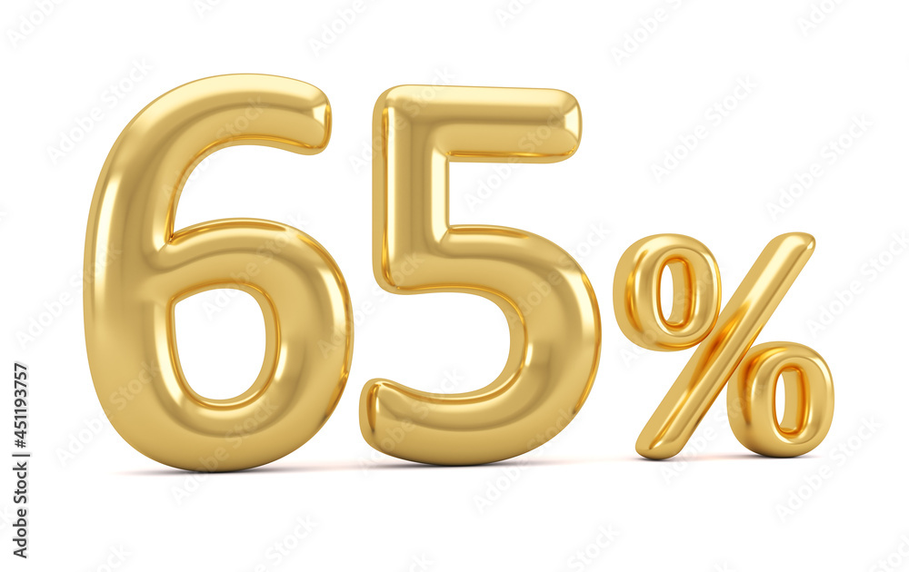 Gold percent isolated on white background. 65% off on sale. 3d rendering. Gold percent isolated on white background. 65% off on sale. 3d rendering.
