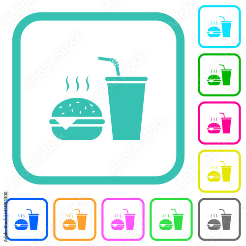 Fast food menu with cheeseburger and drink vivid colored flat icons