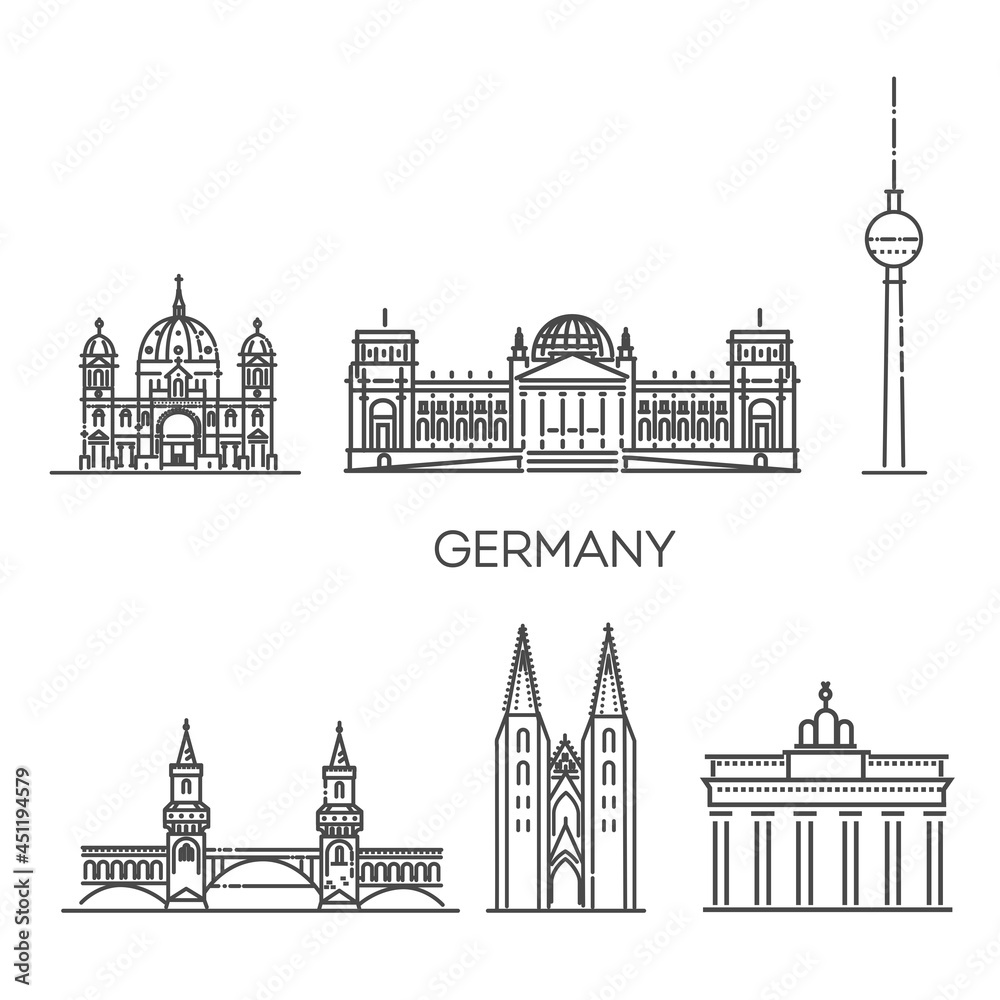 Germany detailed monuments silhouette. Vector flat illustration