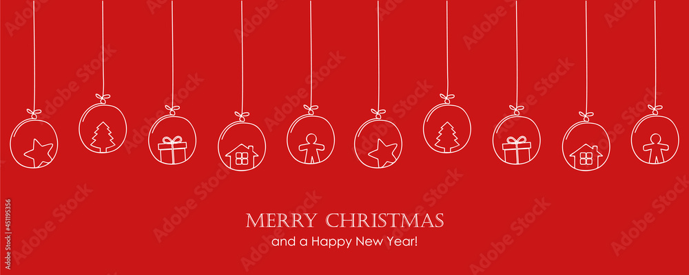 red christmas card with tree balls decoration on red background