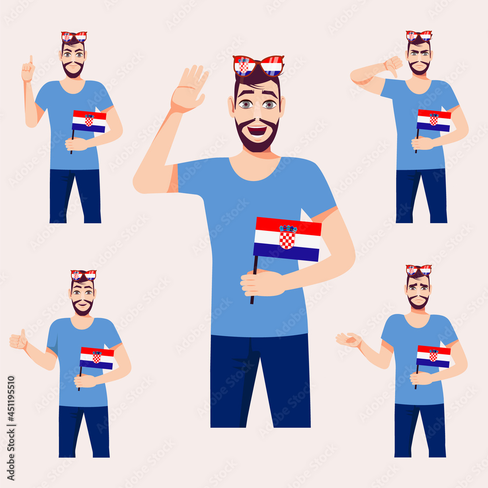 An attractive man with a Croatian flag. A set of fan emotions. Vector illustration on cartoon style An attractive man with a Croatian flag. A set of fan emotions. Vector illustration on cartoon style