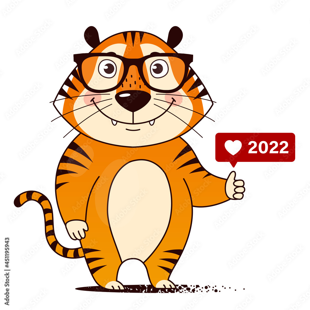 Cool cartoon tiger with glasses and like icon puts thumbs up. Symbol of 2022, Chinese New Year. Vector illustration Cool cartoon tiger with glasses and like icon puts thumbs up. Symbol of 2022, Chinese New Year. Vector illustration
