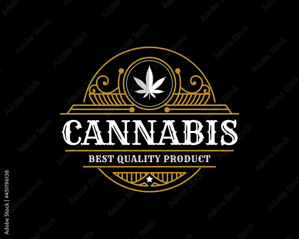 Fototapeta premium antique Luxury royal vintage Cannabis plant and leaf logo with decorative ornamental frame