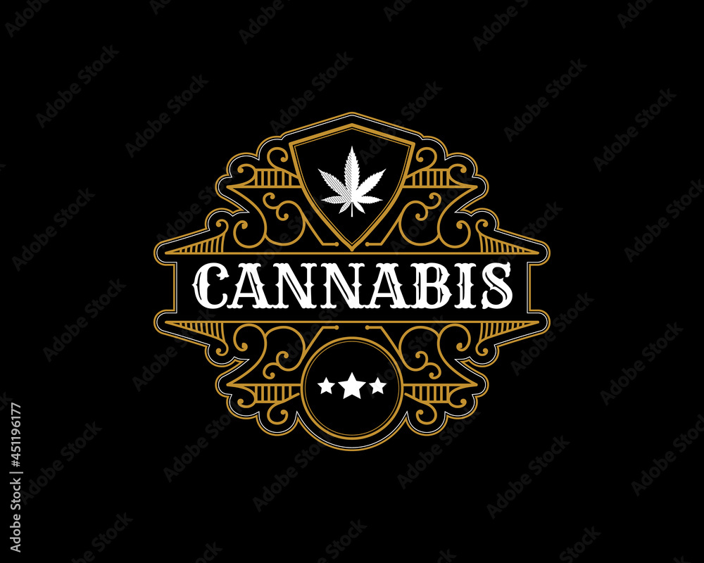 Fototapeta premium antique Luxury royal vintage Cannabis plant and leaf logo with decorative ornamental frame