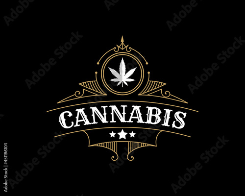 antique Luxury royal vintage Cannabis plant and leaf logo with decorative ornamental frame