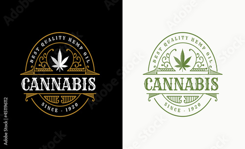 antique Luxury royal vintage Cannabis plant and leaf logo with decorative ornamental frame